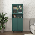 Tempered Glass Door Tall Storage Bookcase with adjustable board, 4 doors MDF painting finished cabinet, Green, Living room Bedroom storage - Grand Goldman Shop