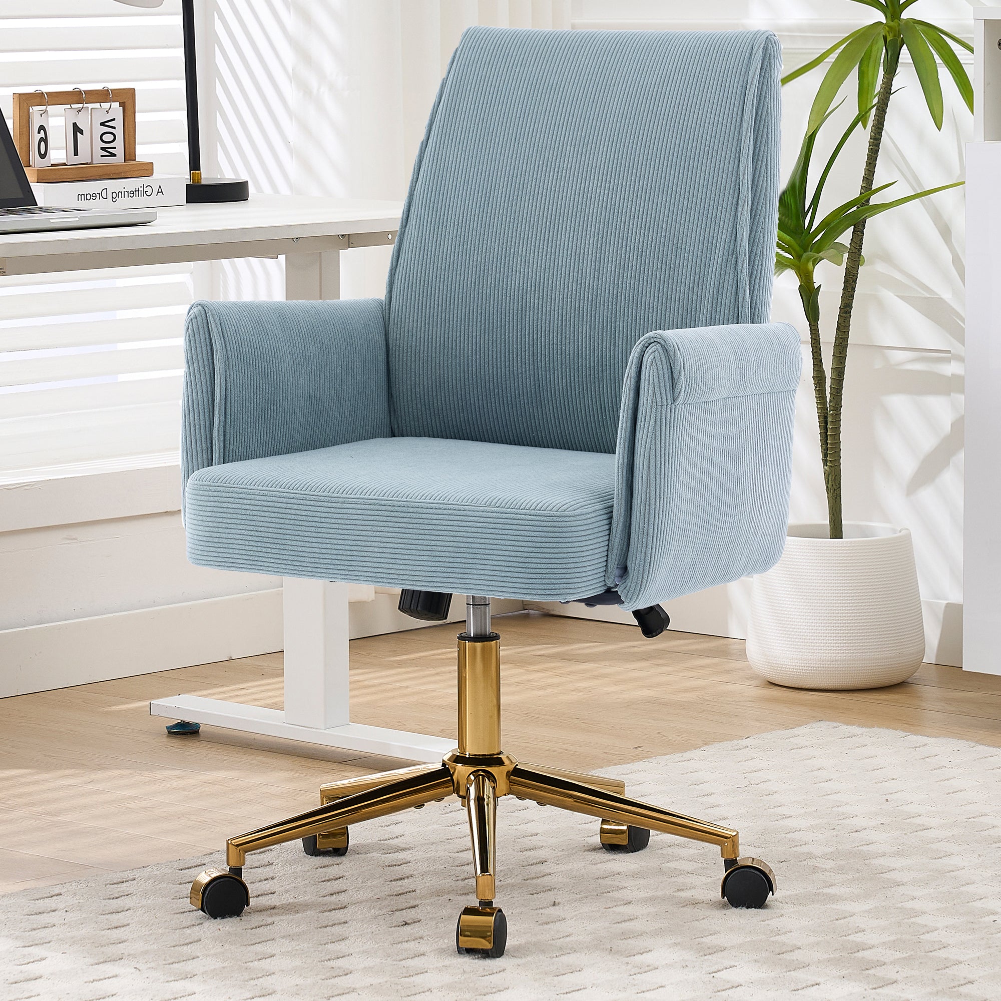 Ergonomic Mid-Back Office Chair with Striped Corduroy Fabric, Blue, Designed for Work, Study, and Relaxation | Premium Home D