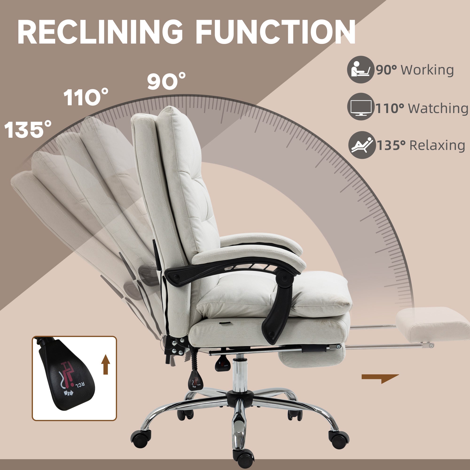 Microfibre Massage Office Chair, Heated Reclining Chair with Footrest,  Cream White - Grand Goldman