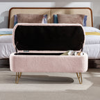 Pink Storage Ottoman Bench for End of Bed Gold Legs, Modern Grey Faux Fur Entryway Bench Upholstered Padded with Storage for Living Room Bedroom - Grand Goldman Shop