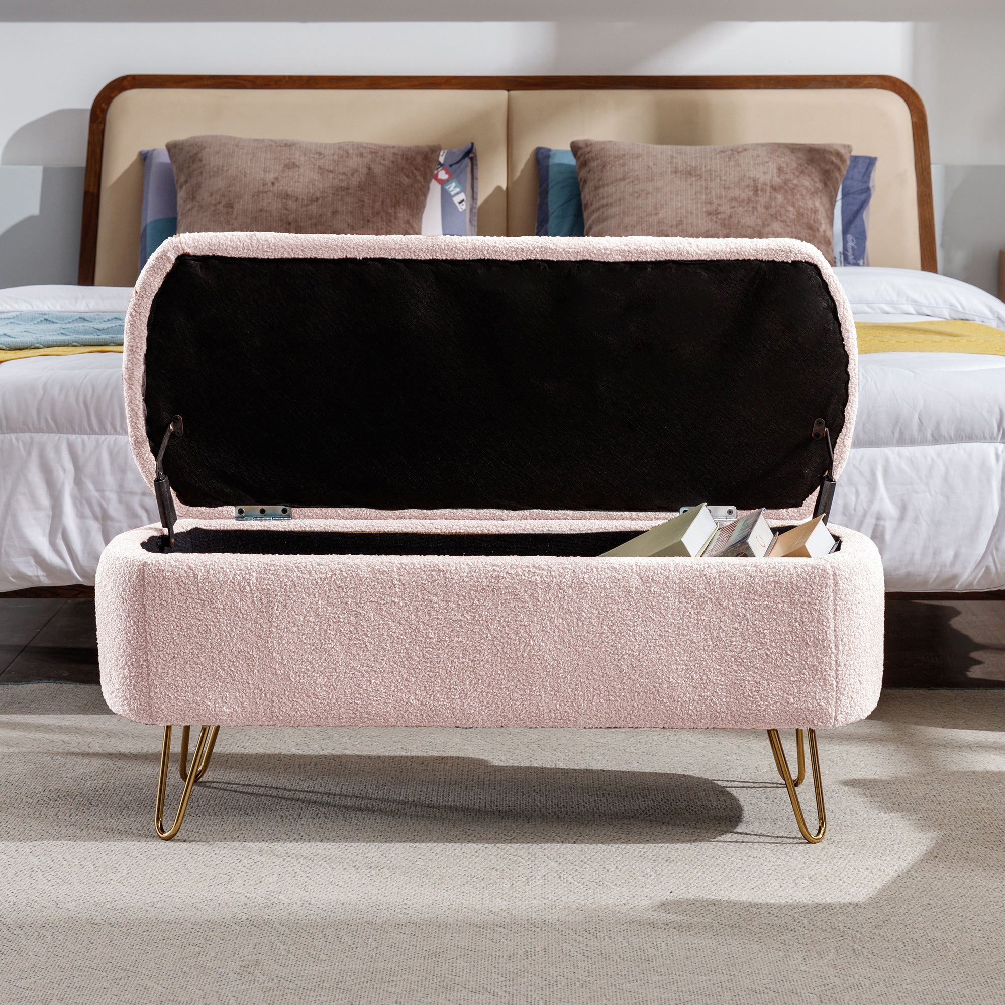 Pink Storage Ottoman Bench for End of Bed Gold Legs, Modern Grey Faux Fur Entryway Bench Upholstered Padded with Storage for Living Room Bedroom - Grand Goldman Shop