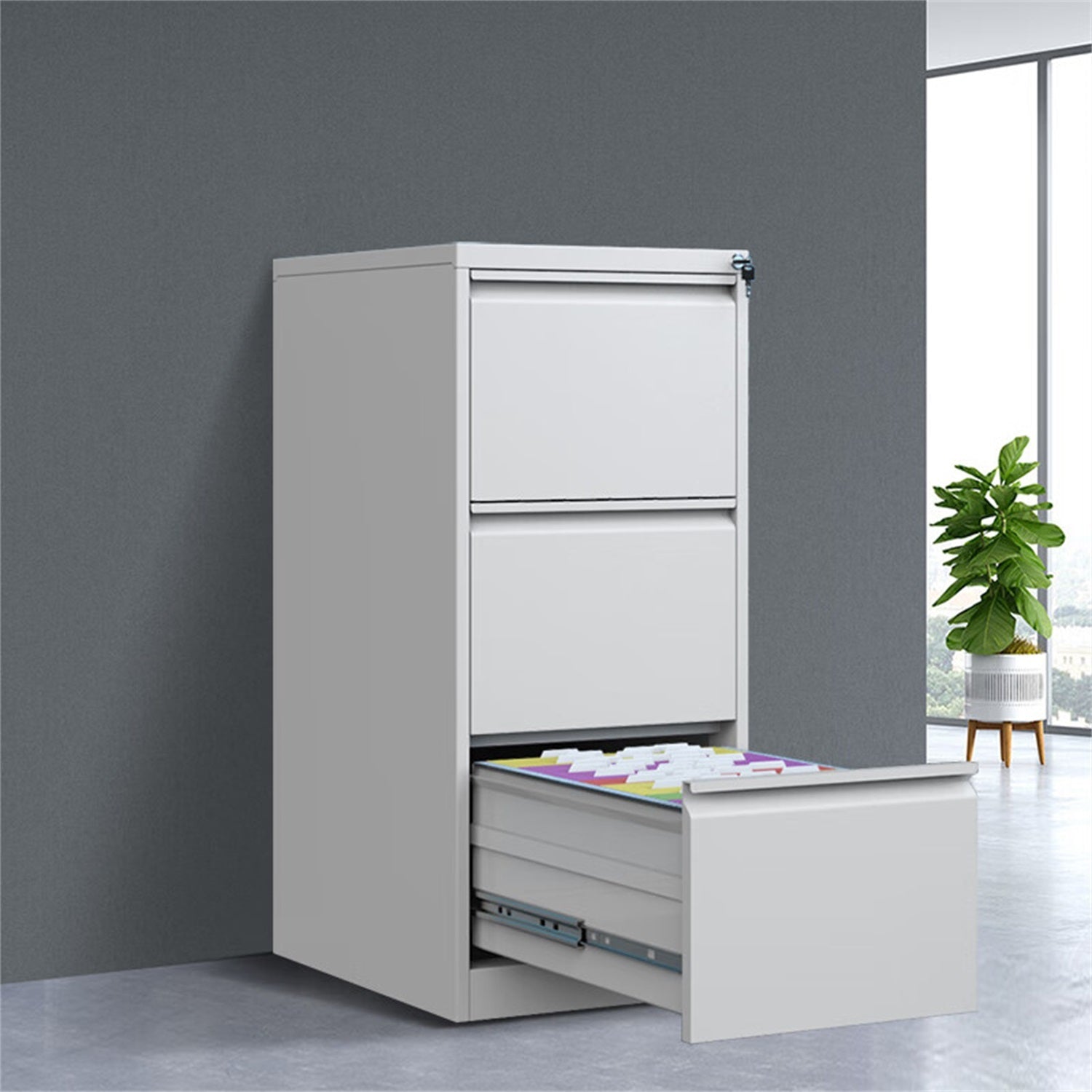 Steel Vertical File Cabinet with Lock - 3-Drawer Metal Storage for A4/Legal/Letter - White, 14.65 x 14.75 x 40.50 inches - Gr