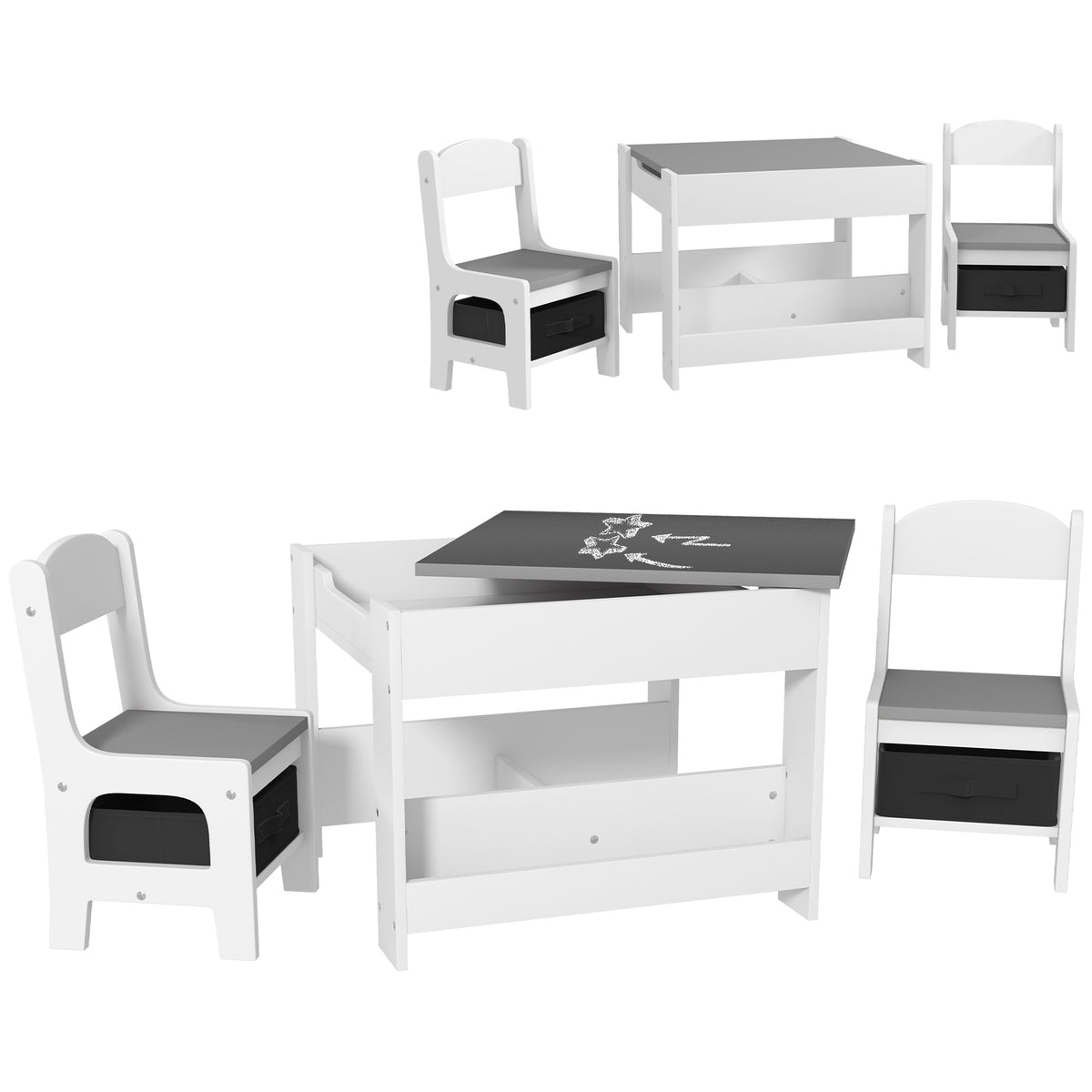 Qaba 3 Piece Kids Table and Chair Set, 2 in 1 Toddler Table and Chair Set with Reversible Tabletop Blackboard, Storage & Book