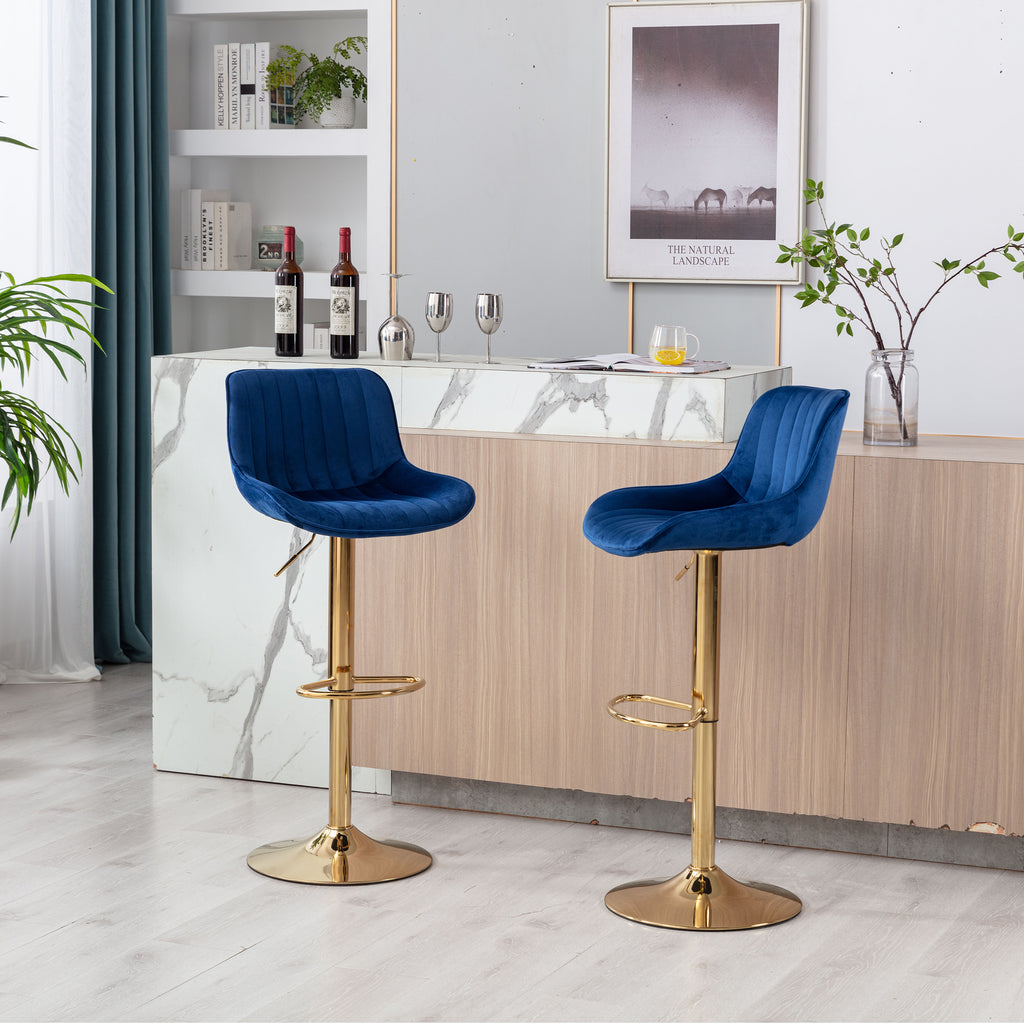 Chrome Footrest and Base Swivel Height Adjustable Mechanical Lifting Velvet + Golden Leg Simple Bar Stool,Set of 2,Navy - Grand Goldman Shop