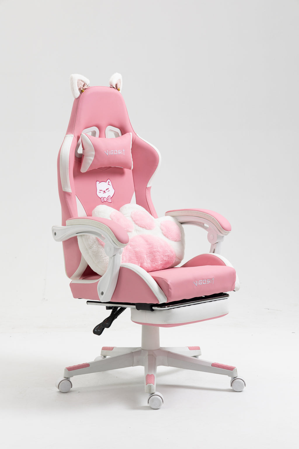 Cat Ears Pink Gaming Chair - Pink PU Leather Ergonomic Reclining Office Chair with Footrest, 310lb Capacity, 6-Position Recli