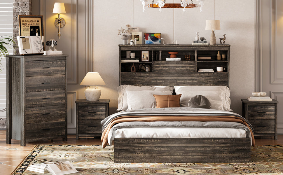 4PCS Bedroom Sets, Wooden Queen Size Bed Frame with Storage Headboard and Charging Station, 2 Nightstands with 2 Drawers, 1 Dresser with 5 Drawers, Antique Gray - Grand Goldman Shop
