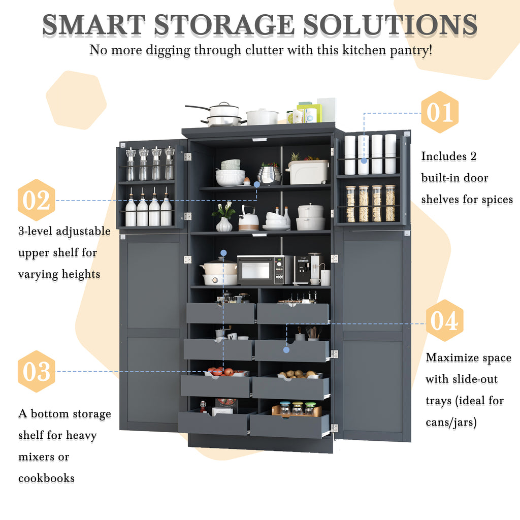 [Assembly Video Provided] TOPMAX 35.5x17.6x70.9inch Freestanding Kitchen Pantry Cabinet, Tall Storage Cabinet with 4 Doors, 2 Door Shelves, 8 Pull-out Trays and Adjustable Shelf for Dining Room, Gray - Grand Goldman Shop
