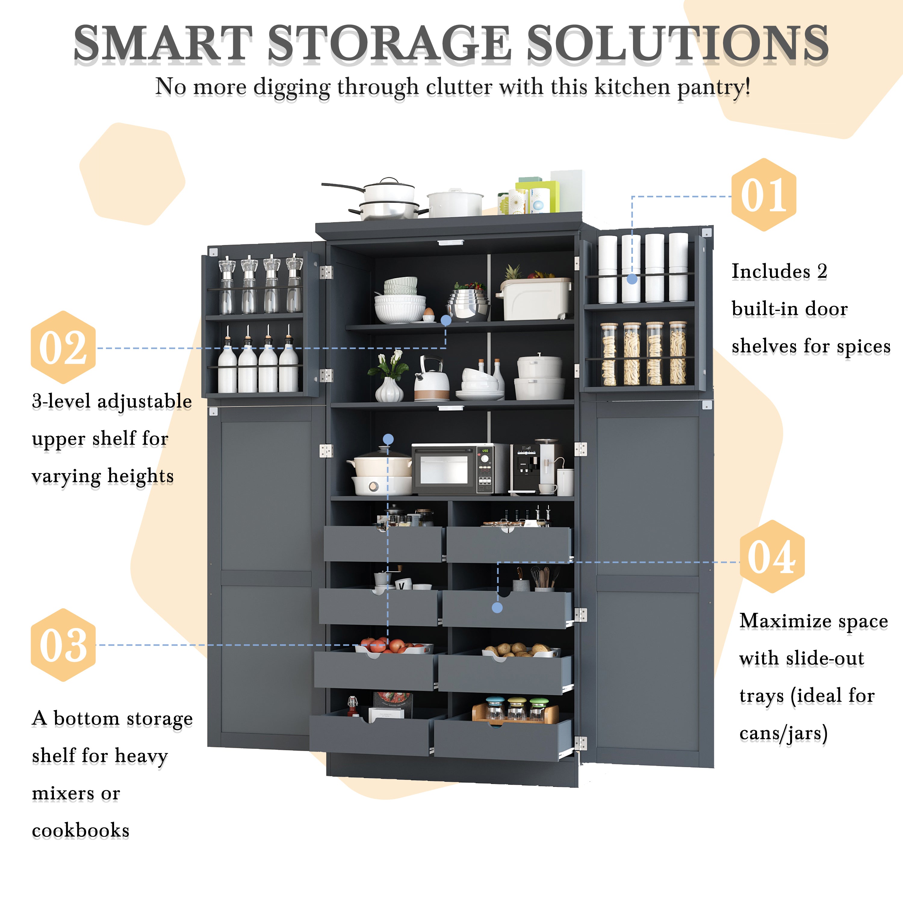 [Assembly Video Provided] TOPMAX 35.5x17.6x70.9inch Freestanding Kitchen Pantry Cabinet, Tall Storage Cabinet with 4 Doors, 2 Door Shelves, 8 Pull-out Trays and Adjustable Shelf for Dining Room, Gray - Grand Goldman Shop
