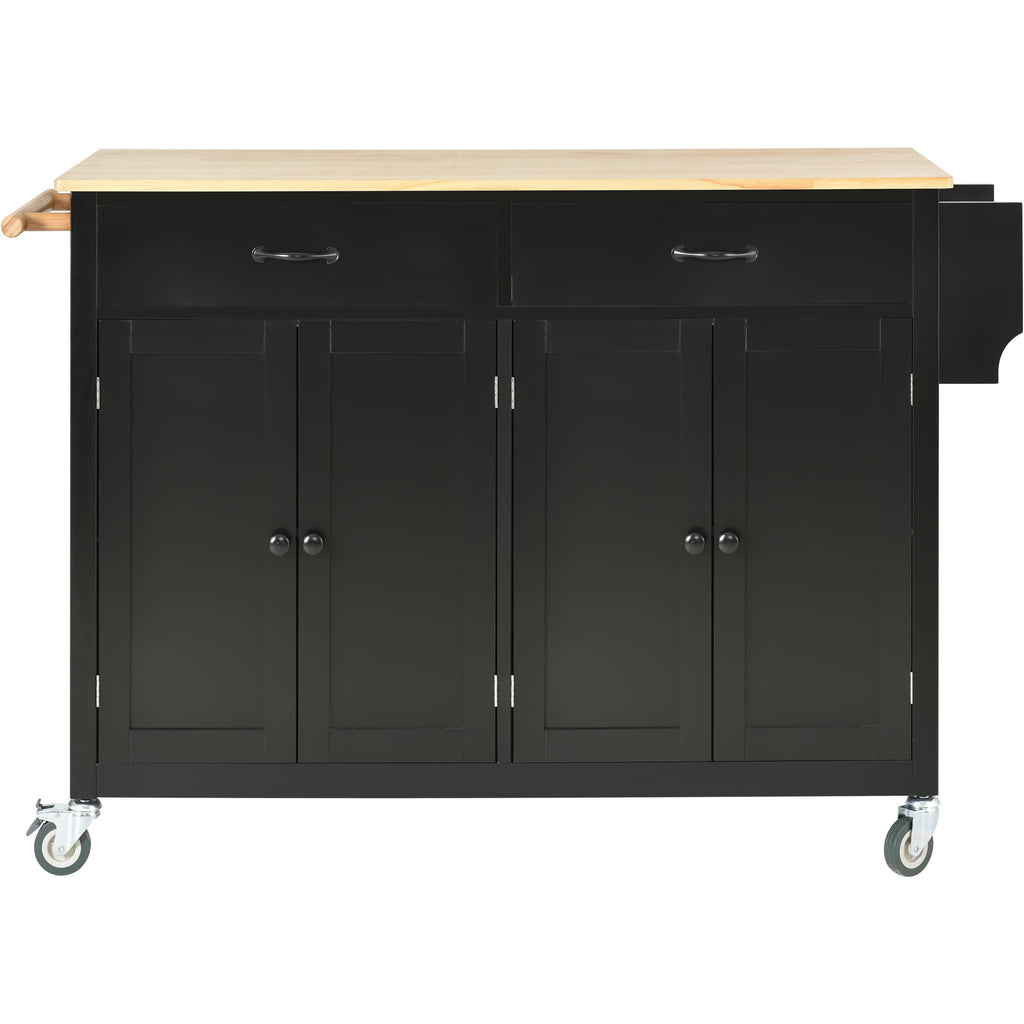 Kitchen Island Cart with Solid Wood Top and Locking Wheels,54.3 Inch Width,4 Door Cabinet and Two Drawers,Spice Rack, Towel Rack (Black) - Grand Goldman Shop