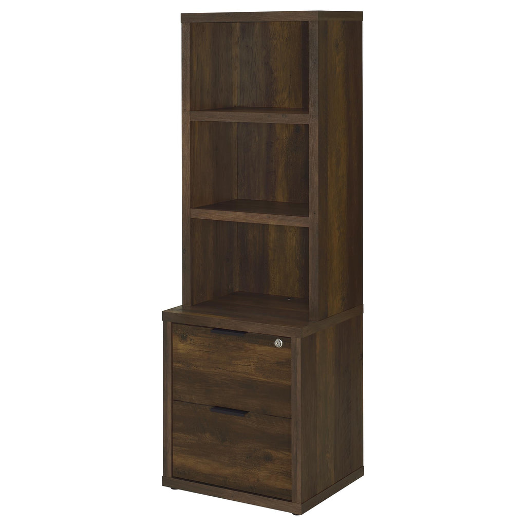 Geary Dark Pine 3-Shelf Bookcase with USB Charging and Lockable Top Drawer in Dark Brown Engineered Wood - Grand Goldman