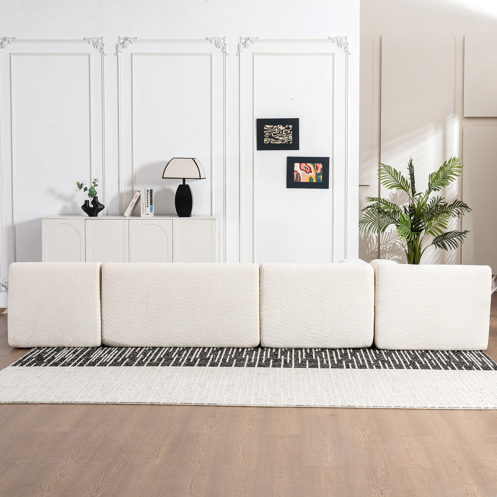 Modern Upholstered L-Shape Sofa with Chaise Lounge and Back Pillows, Beige Boucle Fabric, 144 inches - Grand Goldman Shop