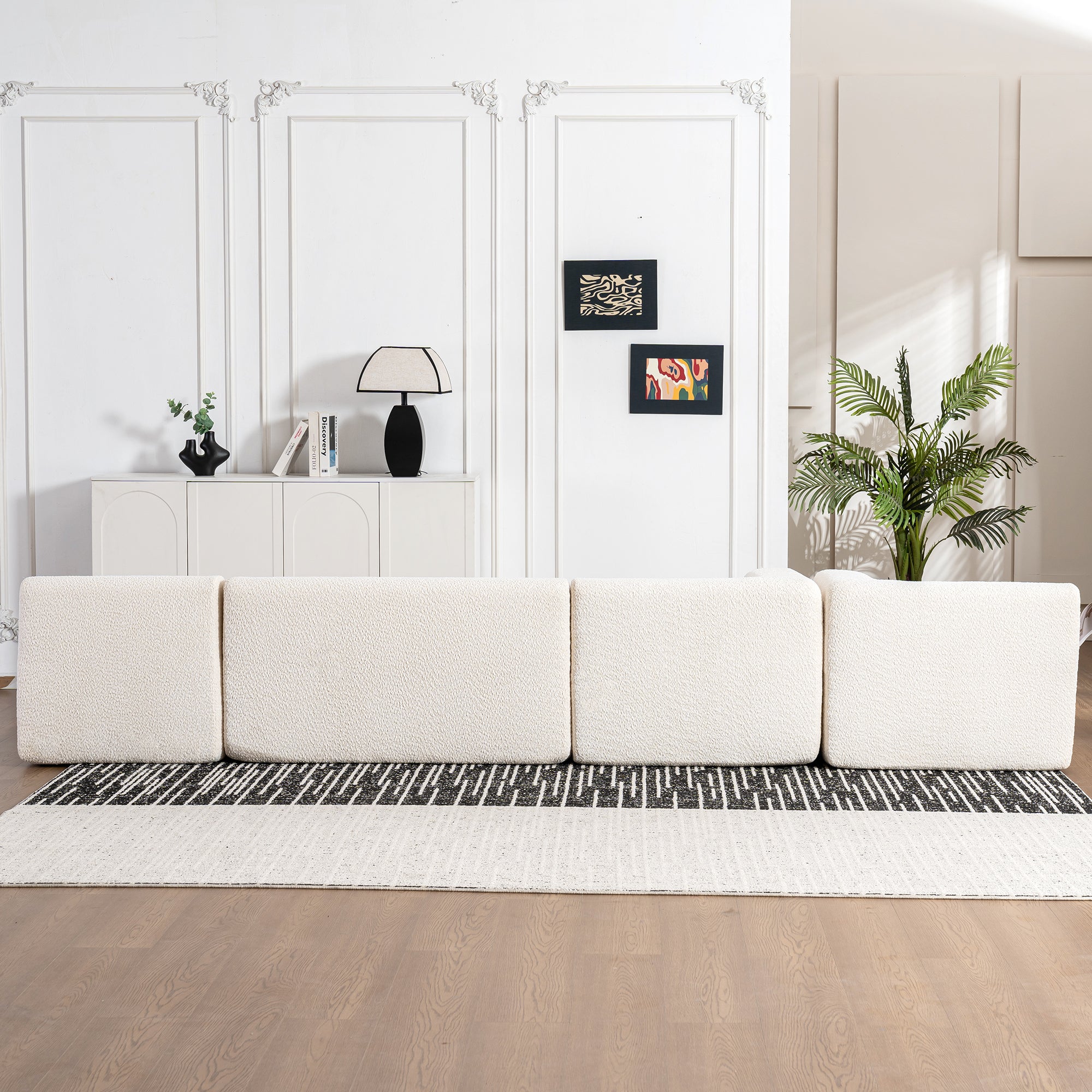 Modern Upholstered L-Shape Sofa with Chaise Lounge and Back Pillows, Beige Boucle Fabric, 144 inches - Grand Goldman Shop