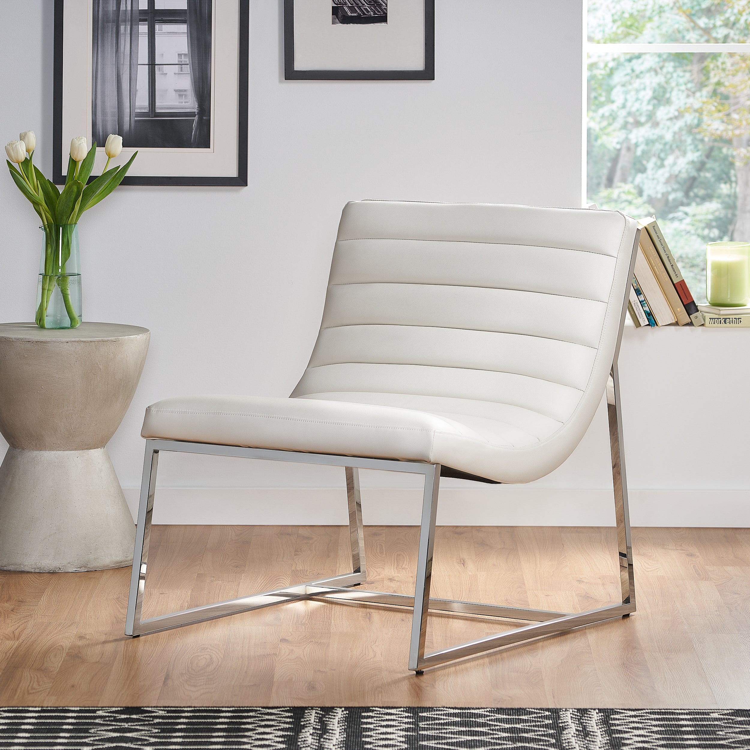 WILMOUTH ROLL OCCASIONAL CHAIR in White Leather with Chrome-Finished Steel Legs, Modern & Contemporary Style - Grand Goldman Shop