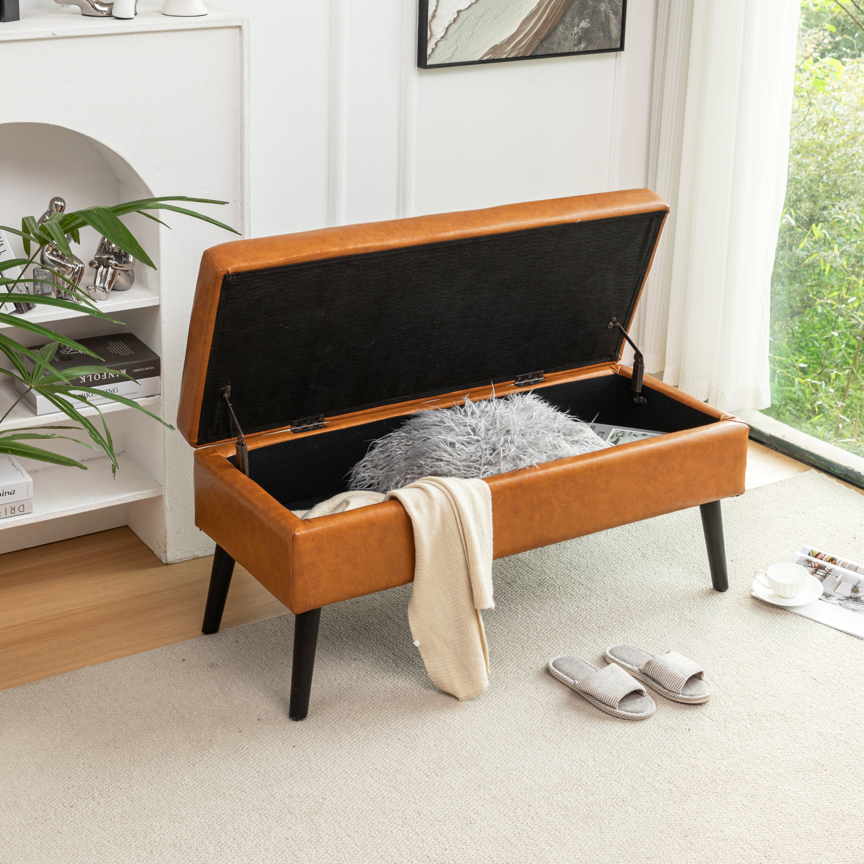 Storage Bench with Storage Bench for Bedroom End of Bed Bench Foot of Bed Bench Entryway Bench Storage Ottoman Bench 43.3' W x 17.7' Brown Leather Bench - Grand Goldman Shop