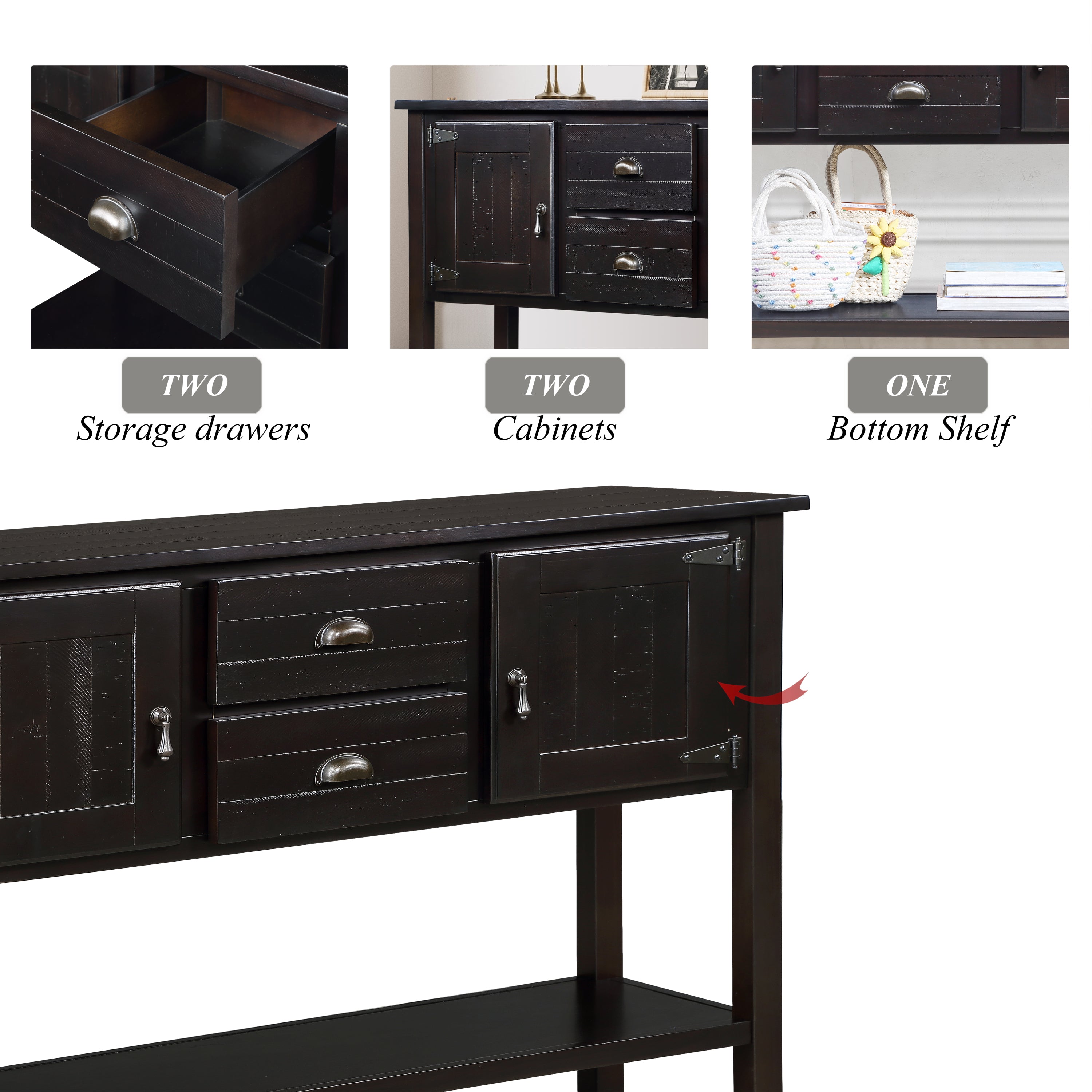 48'' Solid Wood Sideboard Console Table with 2 Drawers and Cabinets and Bottom Shelf, Retro Style Storage Dining Buffet Server Cabinet for Living Room Kitchen Dining Room (Espresso - Grand Goldman Shop