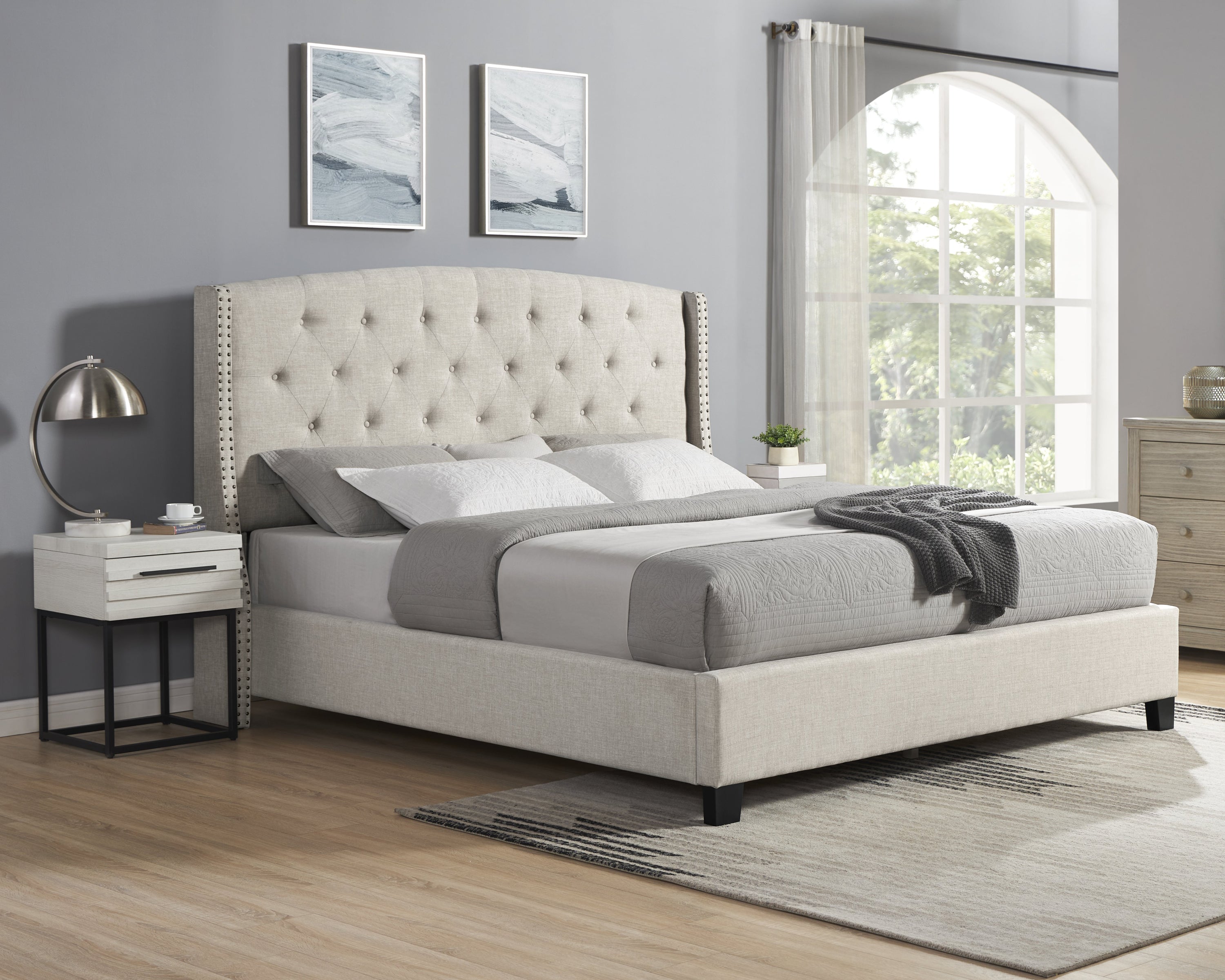 Astral 3-Piece Upholstered Bedroom Set, Tufted Wingback Bed with Two White Nightstands - Grand Goldman Shop
