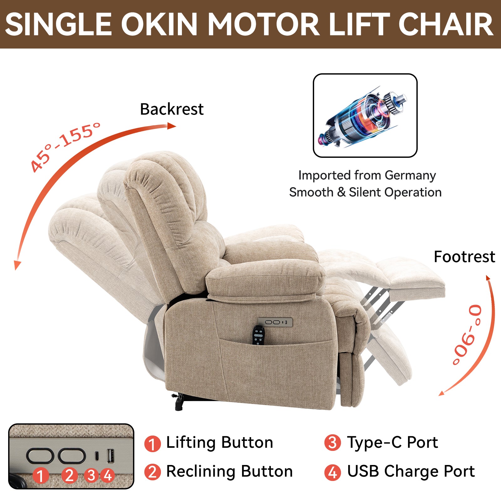 23' Seat Width and High Back Large Size Beige Chenille Power Lift Recliner Chair with 8-Point Vibration Massage and Lumbar Heating - Grand Goldman Shop