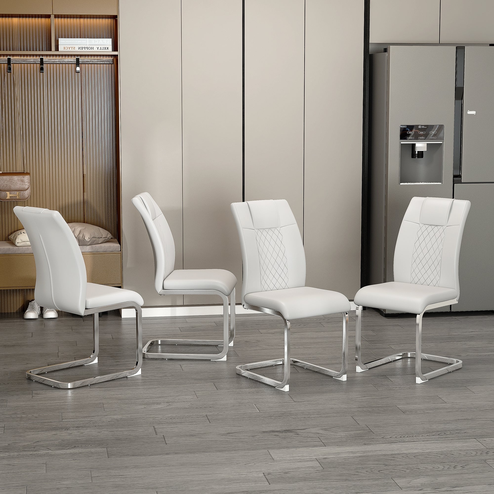 Modern Dining Chairs with Faux Leather Padded Seat and Metal Legs in White, Set of 4 - Grand Goldman Shop