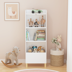 Kids 4-Tier Bookcase, Children's Book Display with Safety Restraint, White MDF & Pine Wood Storage Cabinet for Nursery, Playr