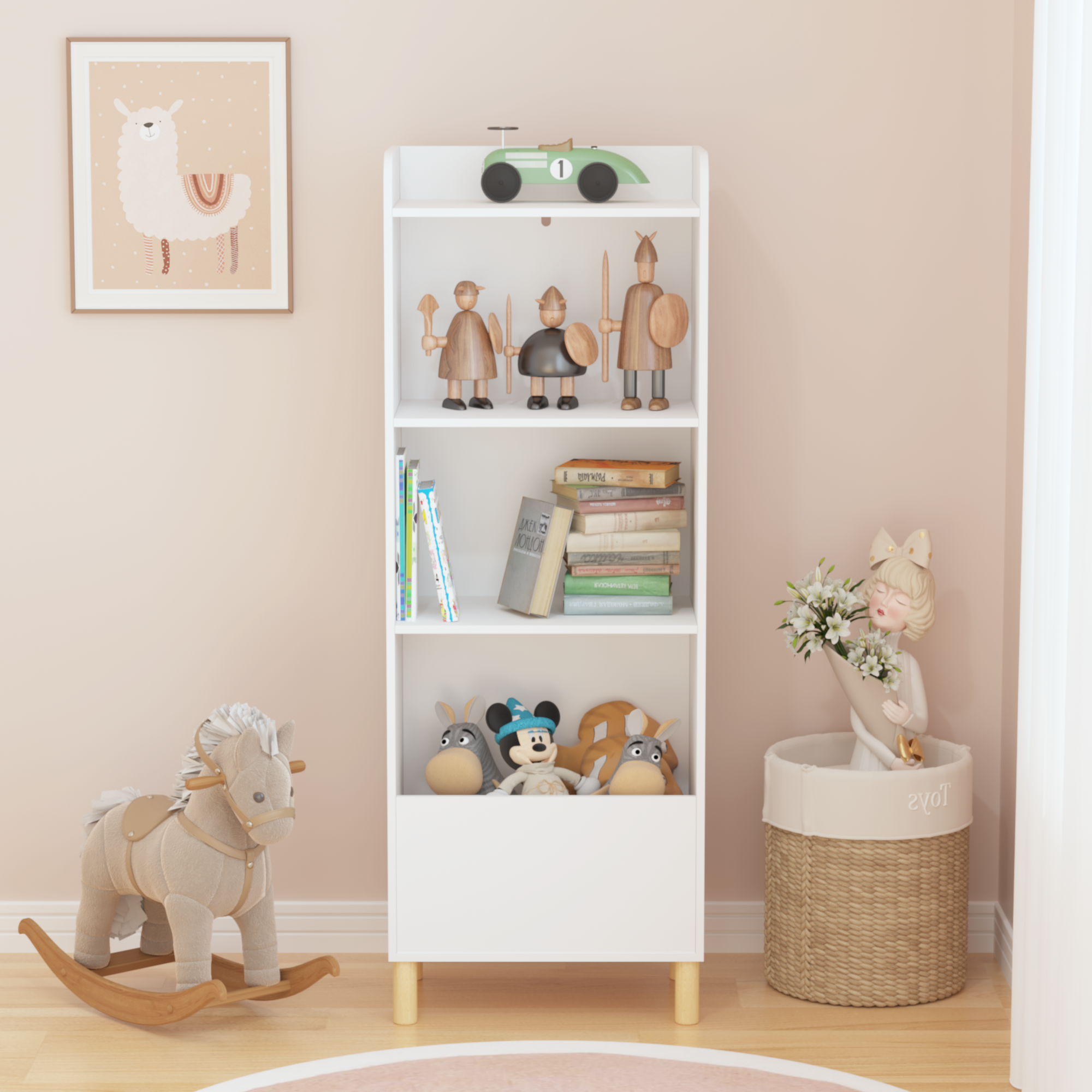 Kids 4-Tier Bookcase, Children's Book Display with Safety Restraint, White MDF & Pine Wood Storage Cabinet for Nursery, Playr