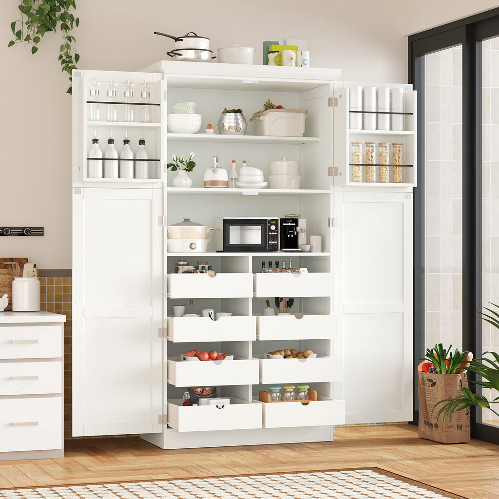 [Assembly Video Provided] TOPMAX 35.5x17.6x70.9inch Freestanding Kitchen Pantry Cabinet, Tall Storage Cabinet with 4 Doors, 2 Door Shelves, 8 Pull-out Trays and Adjustable Shelf for Dining Room, White - Grand Goldman Shop