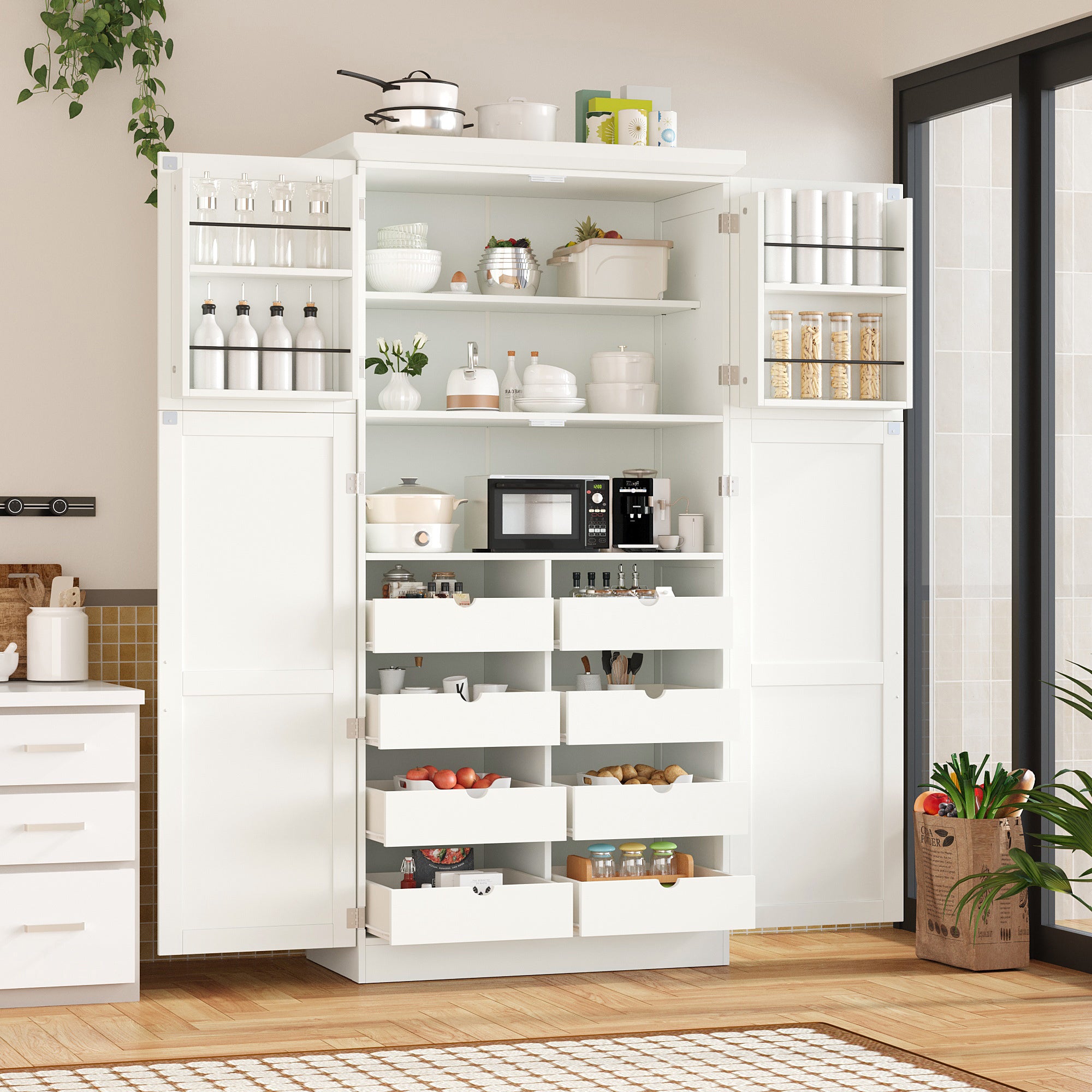 [Assembly Video Provided] TOPMAX 35.5x17.6x70.9inch Freestanding Kitchen Pantry Cabinet, Tall Storage Cabinet with 4 Doors, 2 Door Shelves, 8 Pull-out Trays and Adjustable Shelf for Dining Room, White - Grand Goldman Shop
