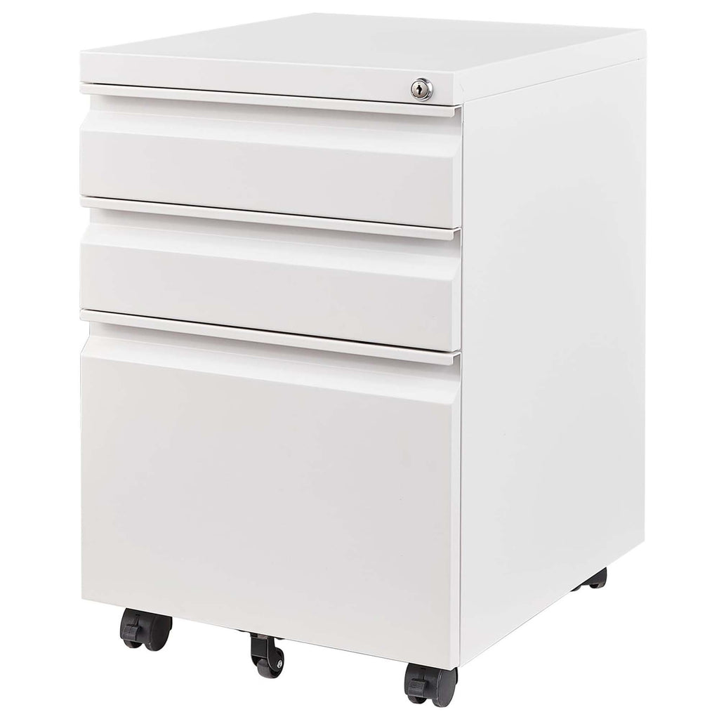 White Mobile 3-Drawer File Cabinet with Lock, Metal Organizer for Home Office, Fully Assembled - Grand Goldman