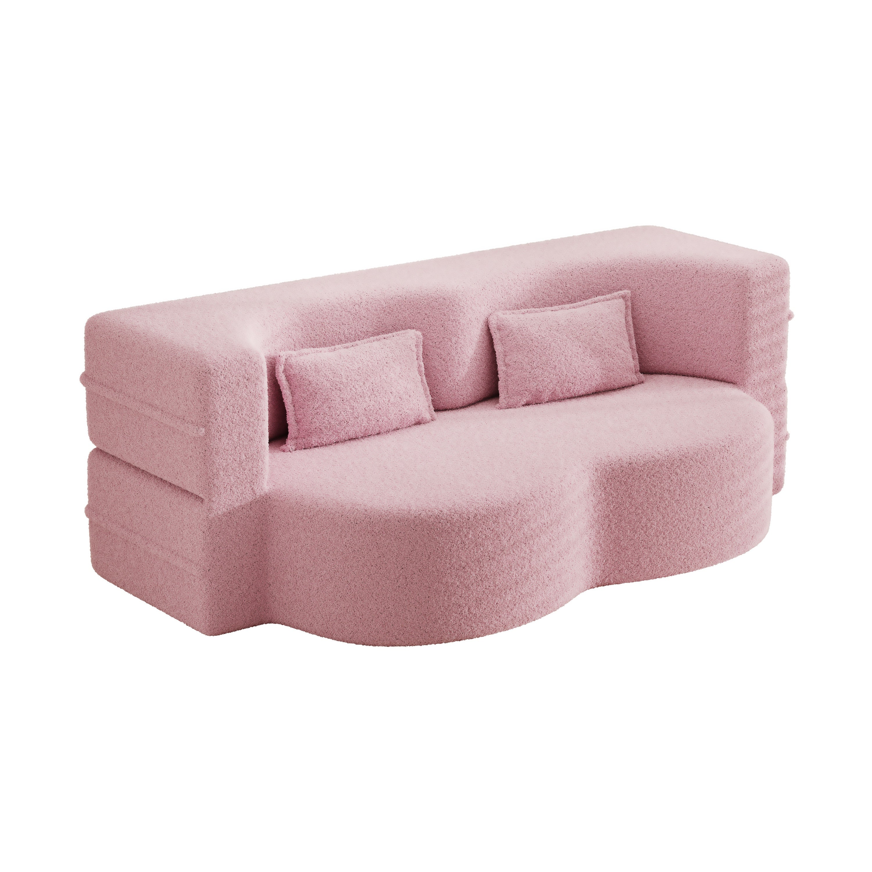 Modern Floor Sofa with 2 Pillows,Convertible Teddy Fabric Foam Filled Sleeper Sofa Bed,15 ' Full Size Folding Mattress for Living Room,Guest Bed,Playroom,No Assembly Required,Pink - Grand Goldman Shop