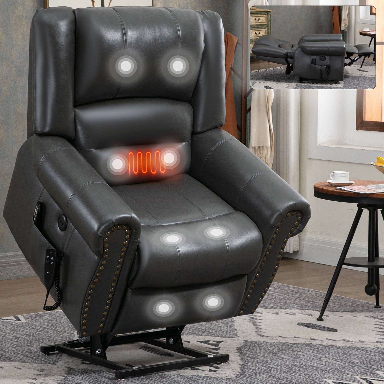 Power Lift Recliner Chair Heat Massage Dual Motor Infinite Position Up to 350 LBS, Faux Leather, Heavy Duty Motion Mechanism with USB Ports, Grey - Grand Goldman Shop