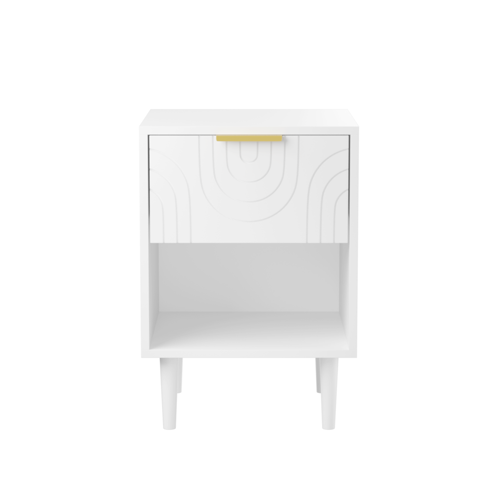Modern White Nightstand with One Drawer and Open Shelf, Gold-Accented Handle, 22.83'' H, MDF, White - Grand Goldman Shop