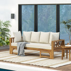 Outdoor Extendable Acacia Wood 3 Seater Sofa, Upholstered Cushion Couch, Daybed Sofa Chair, Spacious Seating Lounge Chair, Patio Daybed Sofa for Garden Yard - Grand Goldman Shop