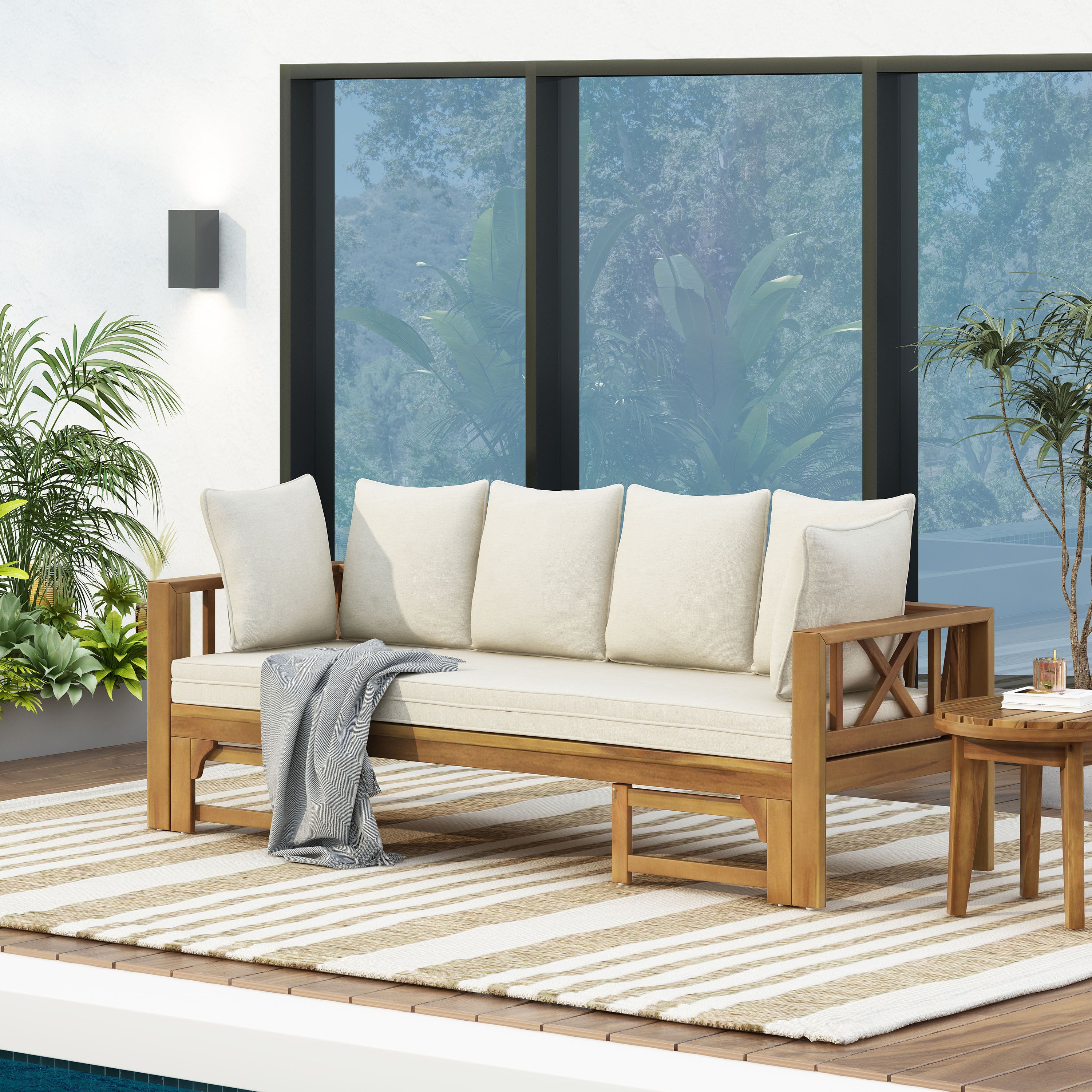 Outdoor Extendable Acacia Wood 3 Seater Sofa, Upholstered Cushion Couch, Daybed Sofa Chair, Spacious Seating Lounge Chair, Patio Daybed Sofa for Garden Yard - Grand Goldman Shop