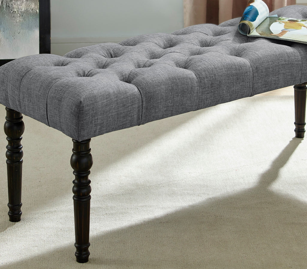 Leviton Fabric Tufted Turned Leg  Dining Bench, Gray - Grand Goldman Shop