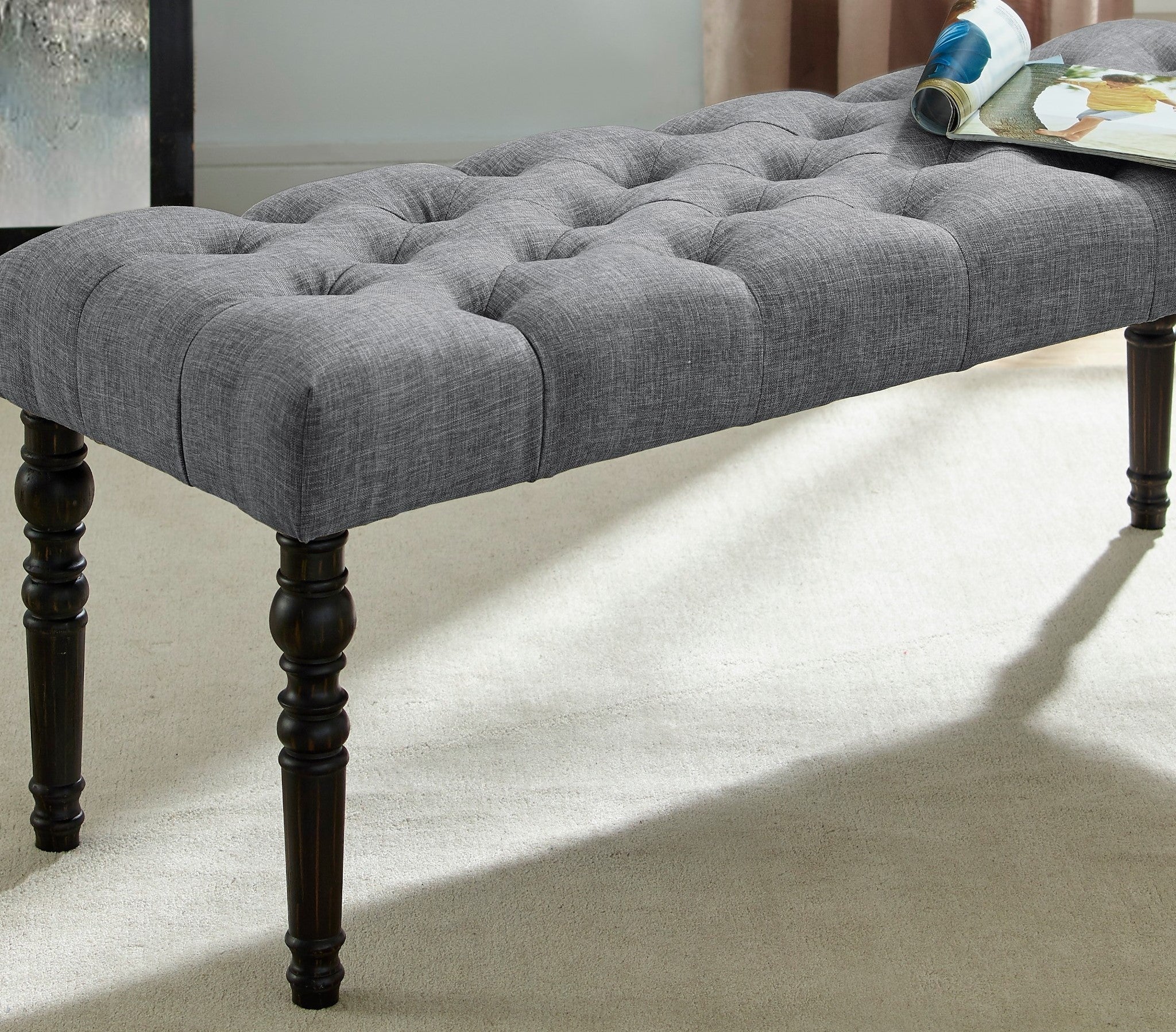 Leviton Fabric Tufted Turned Leg  Dining Bench, Gray - Grand Goldman Shop