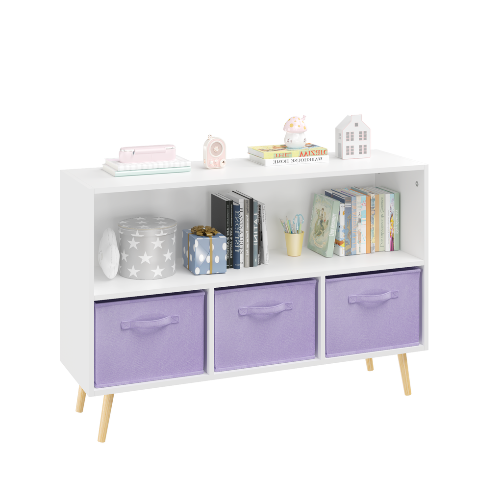 Kids Bookcase with Collapsible Fabric Drawers, Children's Book Display Organizer in White and Purple, MDF with Pine Legs - Gr