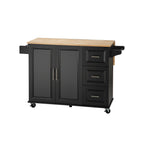 Kitchen Island & Kitchen Cart, Mobile Kitehcn Island with Extensible Rubber Wood Table Top,adjustable Shelf Inside Cabinet for Different Utensils, 3 Big Drawers, with Spice Rack, Towel Rack, Black-Bee - Grand Goldman Shop