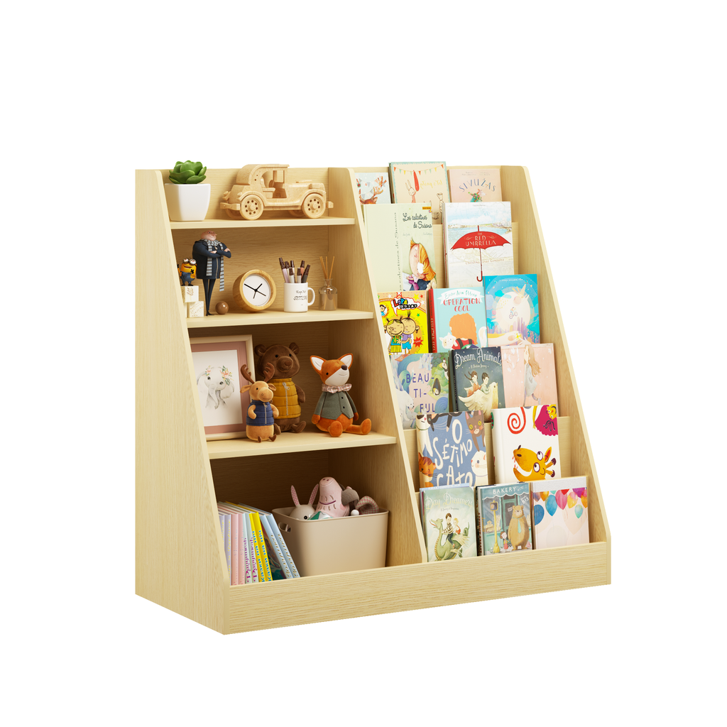 Kids Bookshelf and Toy Storage Organizer, Multifunctional 4 Tier Wooden Kids Book Shelf with  Bookcase Display Stand in Kids 