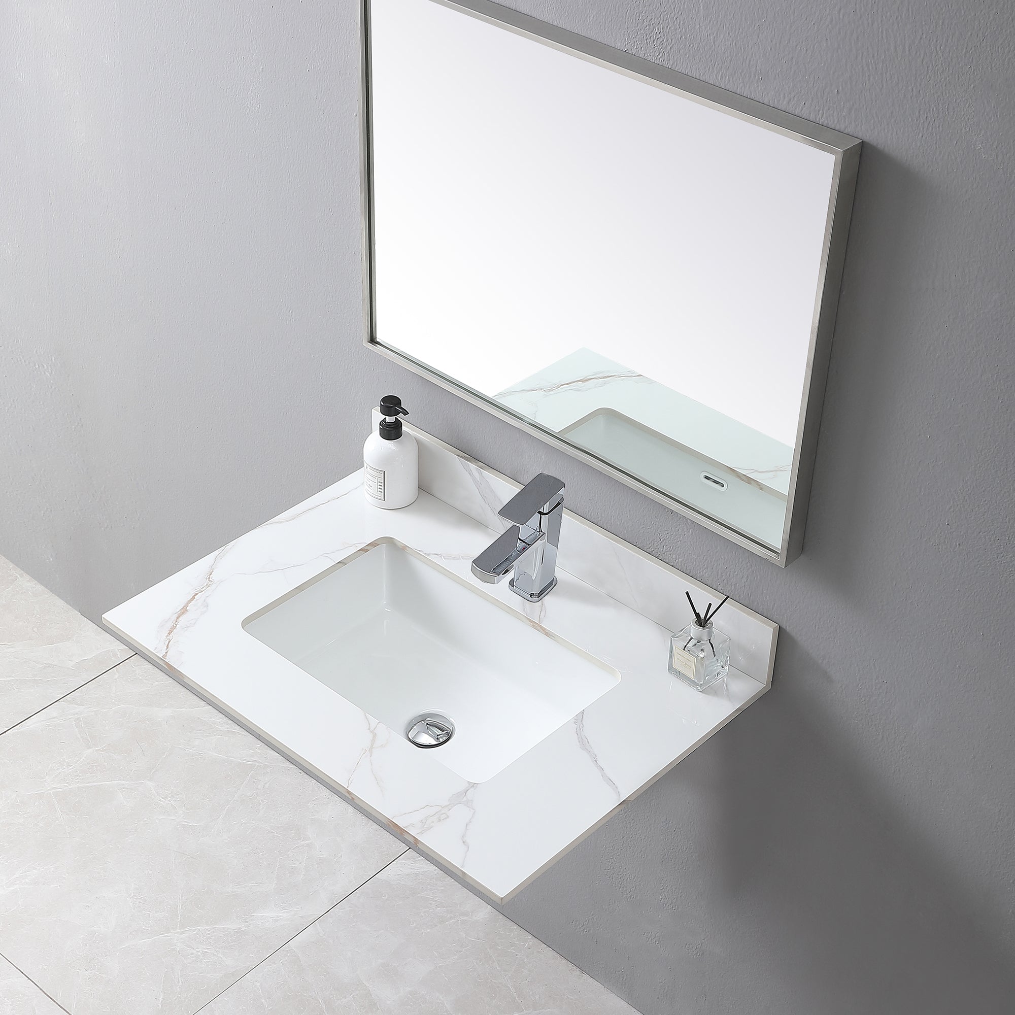 Montary 31inch bathroom stone vanity top carrara gold color with undermount ceramic sink and single faucet hole with backsplash - Grand Goldman Shop