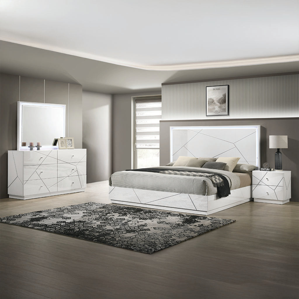 Manhattan Queen 4-Piece Bedroom Set – Modern Design with Lacquer Finish, Geometric Accents, and LED Lighting - Grand Goldman Shop