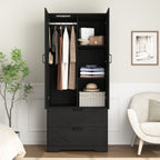2 Door Wood Wardrobe for Bedroom with Hanging Clothing Rod inside the Cabinet and 2 Drawers for Storage Organization, Built-in induction light Multifunctional Closet with Mirror, Black - Grand Goldman Shop