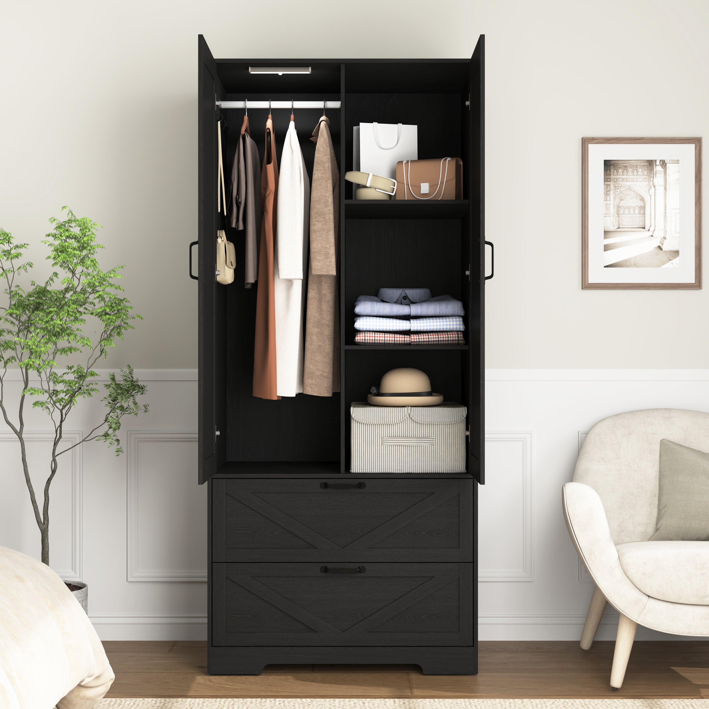 2 Door Wood Wardrobe for Bedroom with Hanging Clothing Rod inside the Cabinet and 2 Drawers for Storage Organization, Built-in induction light Multifunctional Closet with Mirror, Black - Grand Goldman Shop