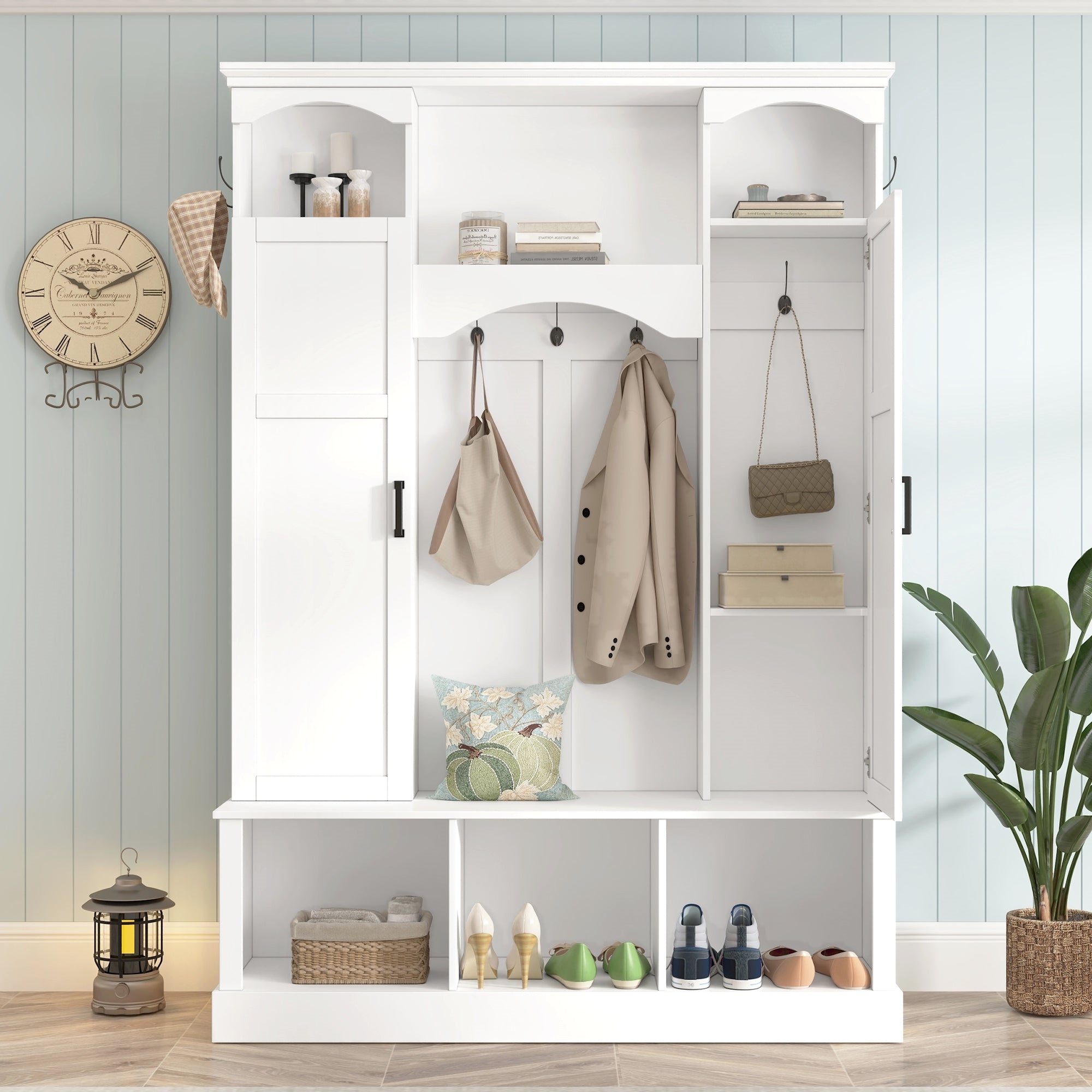 ON-TREND Modern All-in-One Hall Tree with Adjustable Shelves, Classic Arched Farmhouse Storage Bench with Dual Side Cabinets, Elegant Entryway Organizer with 7 Hooks for Mudroom, Hallway, White - Grand Goldman Shop
