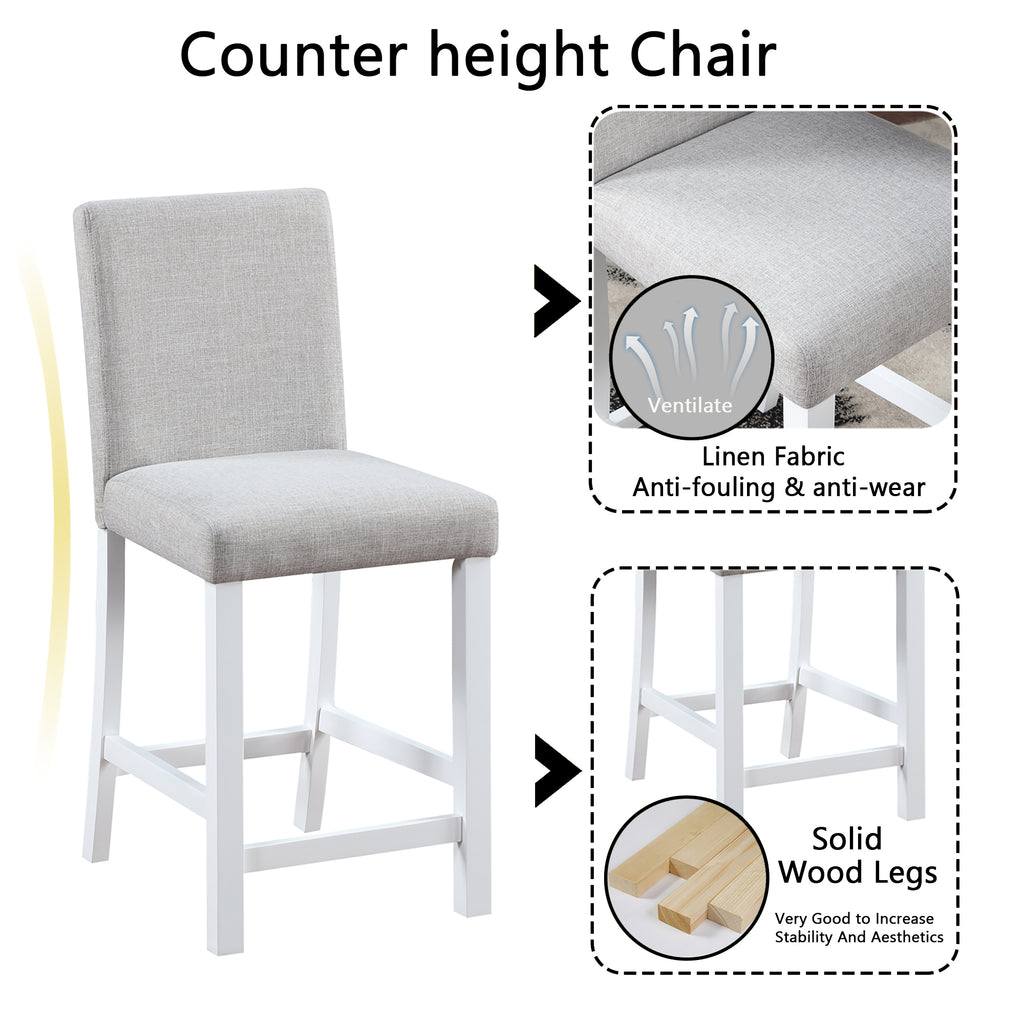 5 Piece Counter Height Table Set, Wooden Kitchen Table Set with Square Table and 4 Upholstered Chairs, Counter Height Dining Table with Crystal Decoration and Chair Set for Kitchen, Dining Room, White - Grand Goldman Shop
