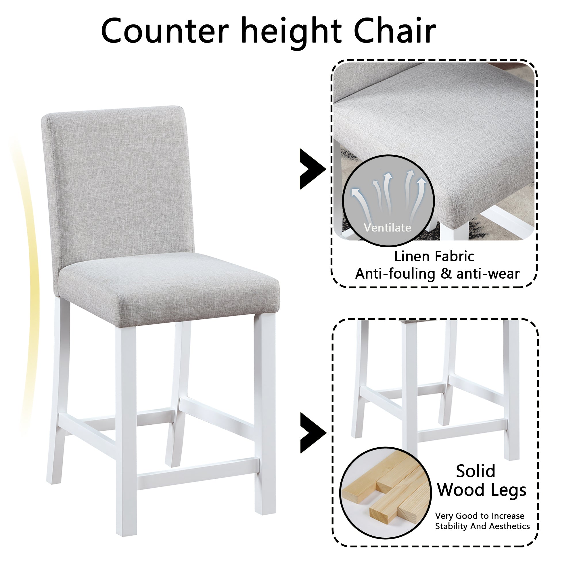 5 Piece Counter Height Table Set, Wooden Kitchen Table Set with Square Table and 4 Upholstered Chairs, Counter Height Dining Table with Crystal Decoration and Chair Set for Kitchen, Dining Room, White - Grand Goldman Shop