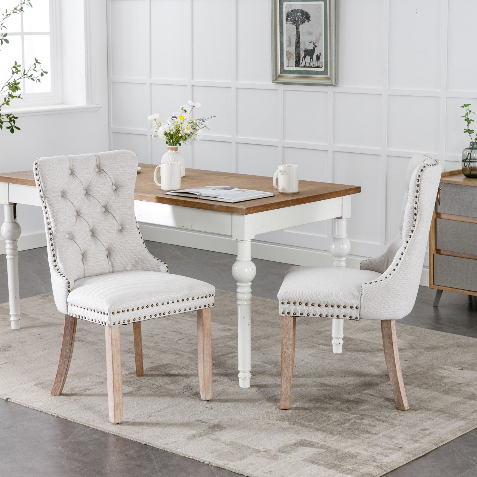 Nikki Collection Modern, High-end Tufted Solid Wood Contemporary Flax Upholstered Dining Chair with Wood Legs Nailhead Trim 2-Pcs Set,Gray, SW6801BG - Grand Goldman Shop