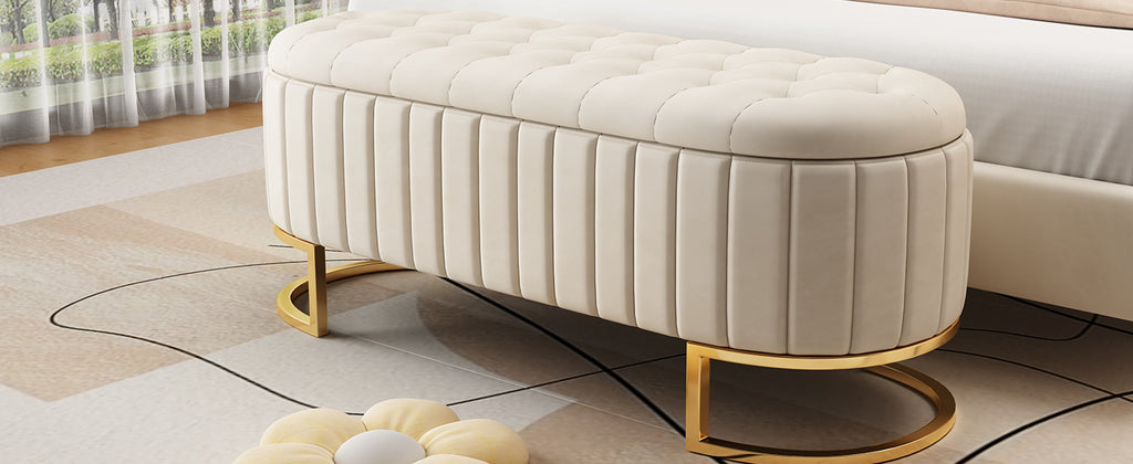 Elegant Upholstered Velvet Storage Ottoman with Button-Tufted,Storage Bench with Metal Legs for Bedroom,Living Room,Fully Assembled Except Legs,Beige - Grand Goldman Shop