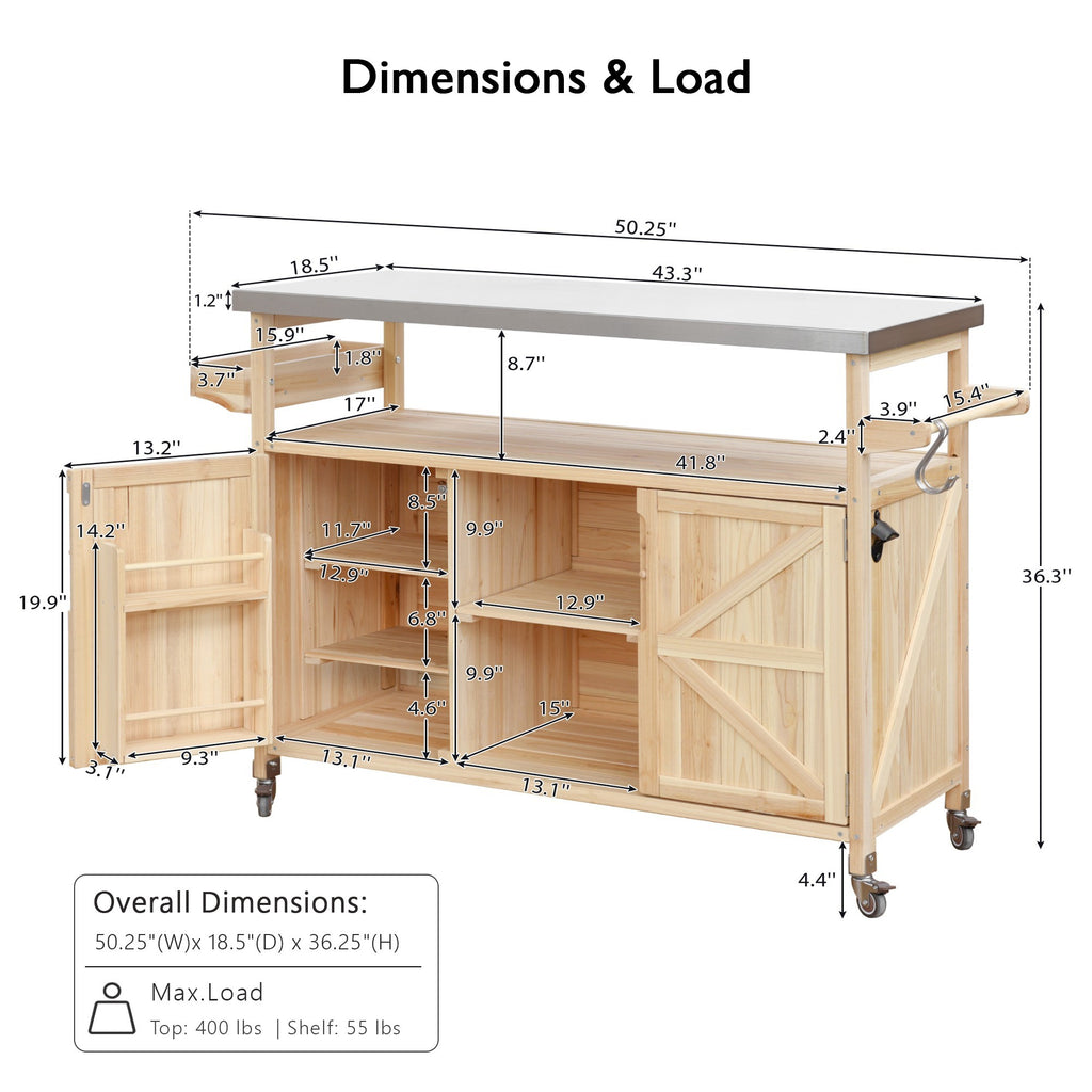 K&K Outdoor Kitchen Island, Rolling Bar Cart & Storage Cabinet, Farmhouse Solid Wood Outdoor Grill Table with Stainless Steel Top, Spice Rack , Towel Rack for Kitchen & BBQ , Natural - Grand Goldman Shop