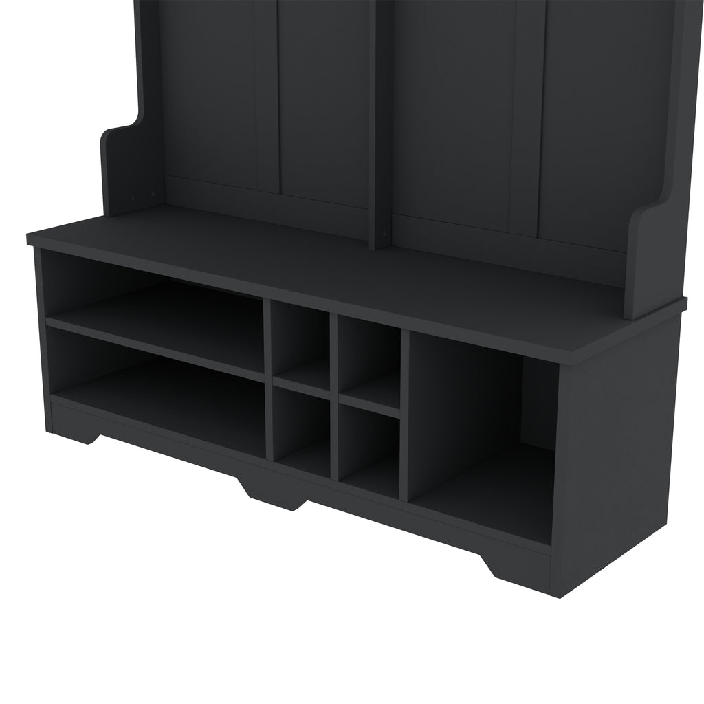 Modern Hallway Hall Tree with Metal Hooks and Storage Space, Multi-Functional Entryway Coat Rack with Shoe Cubbies, Black - Grand Goldman Shop
