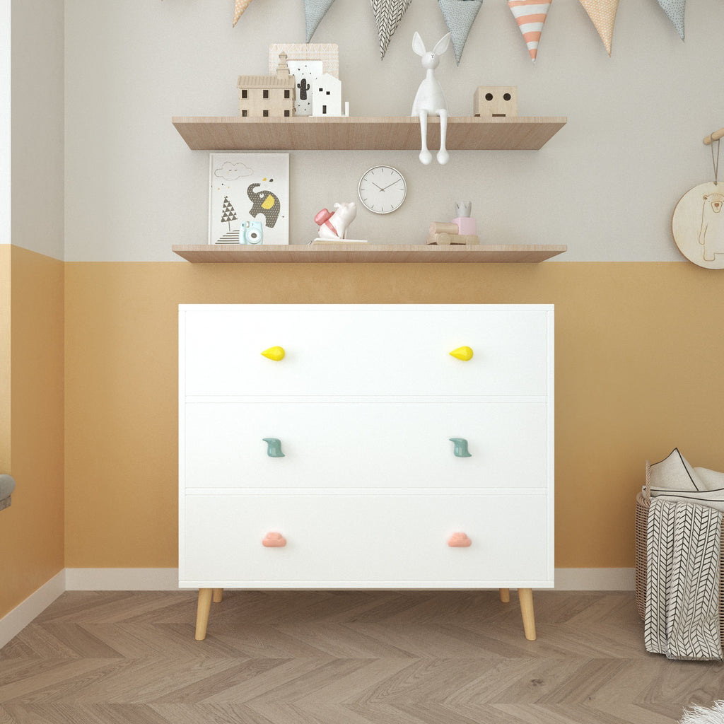 Kids 3 Drawer Dresser, White Nursery Storage Cabinet with Anti-Tip Safety Feature, Solid Wood and MDF Construction, Compact D
