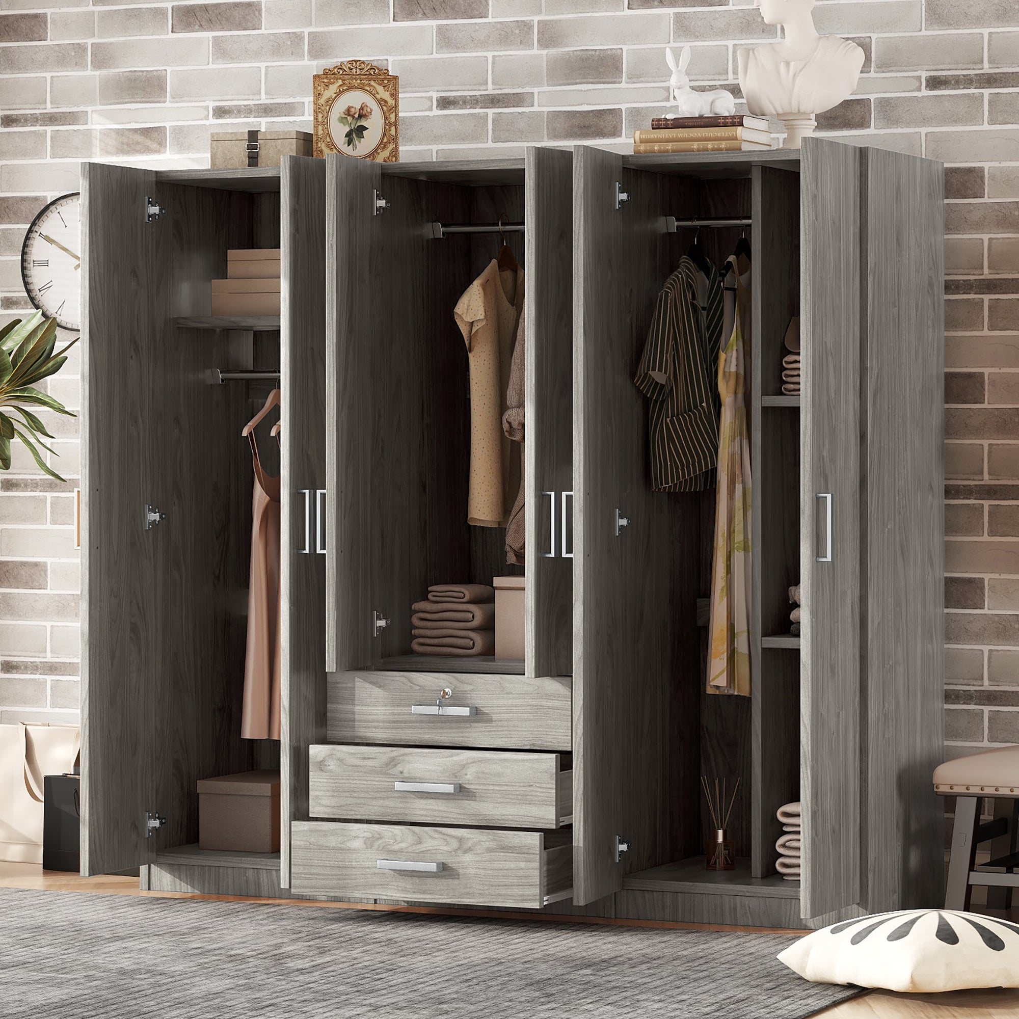 6-Doors Wooden Wardrobe Storage for Bedroom, with Big Drawers, Gray - Grand Goldman Shop